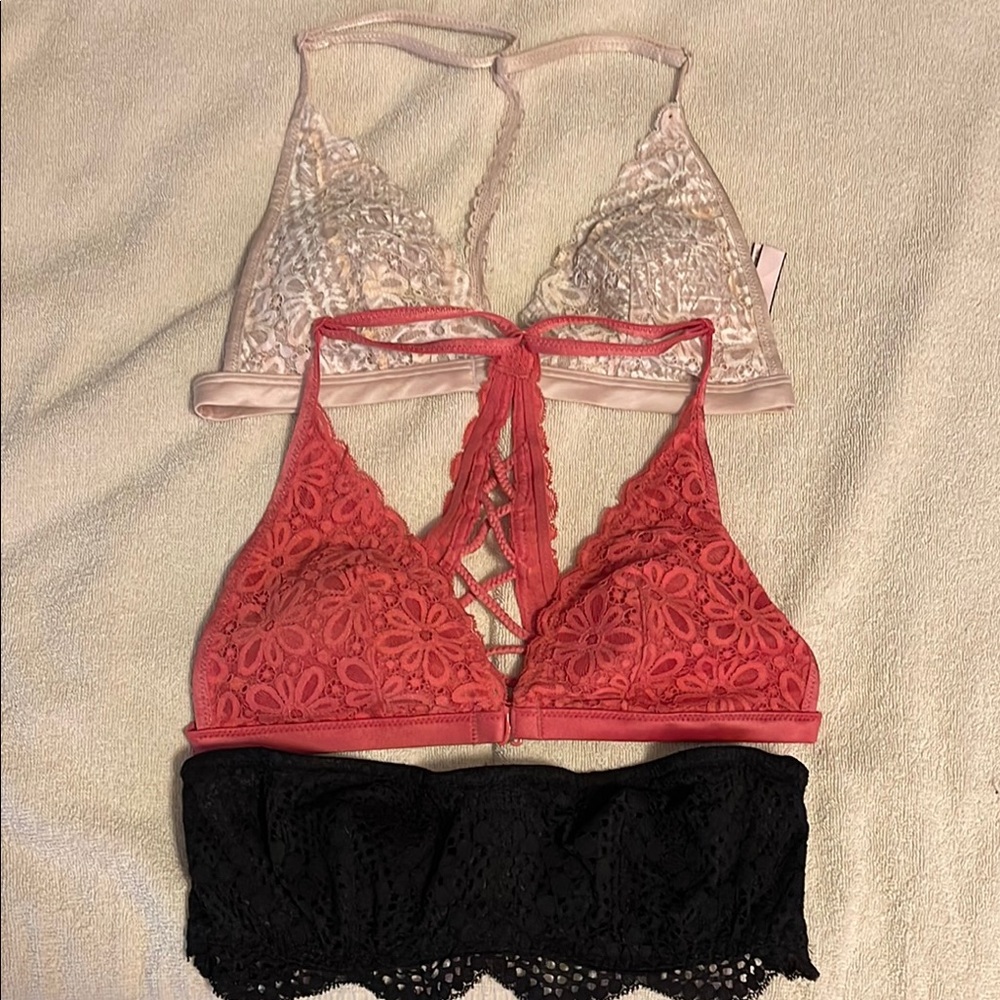 3 Victoria’s Secret Lace Bralettes 
Pink, Coral and Black